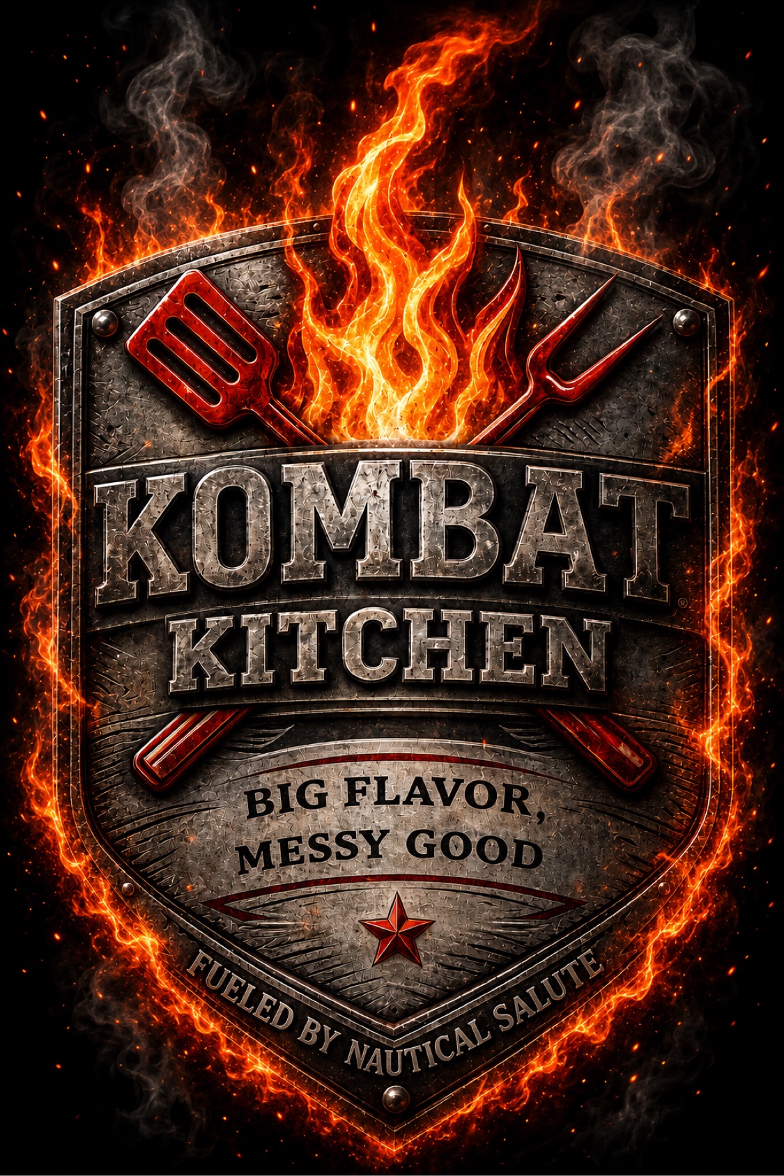 Kombat Kitchen badge: Big Flavor, Messy Good, Fueled by Nautical Salute