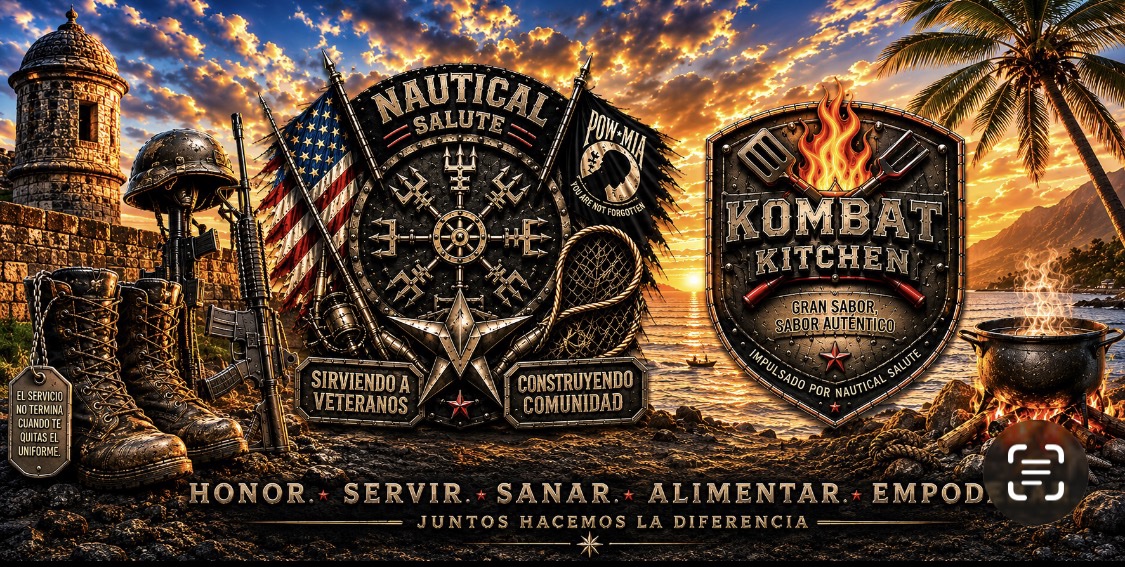 Arte del Capítulo Puerto Rico: Nautical Salute y Kombat Kitchen al atardecer frente al mar
